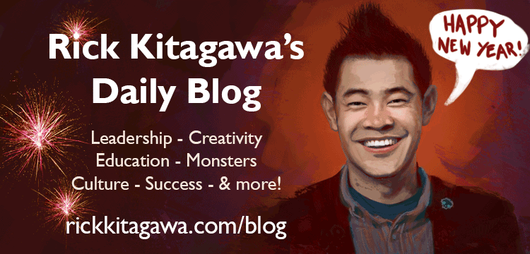An illustration of the author with fireworks and a speech bubble wishing a Happy New Year - Rick Kitagawa’s daily blog
